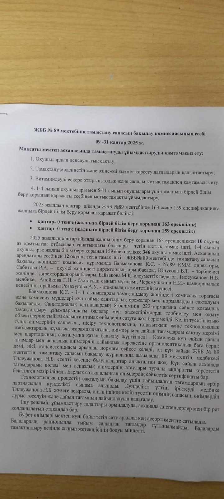 ЖББ Nº89 мектебінің тамақтану сапасын бақылау комиссиясының есебі 09 -31 қаңтар 2025ж