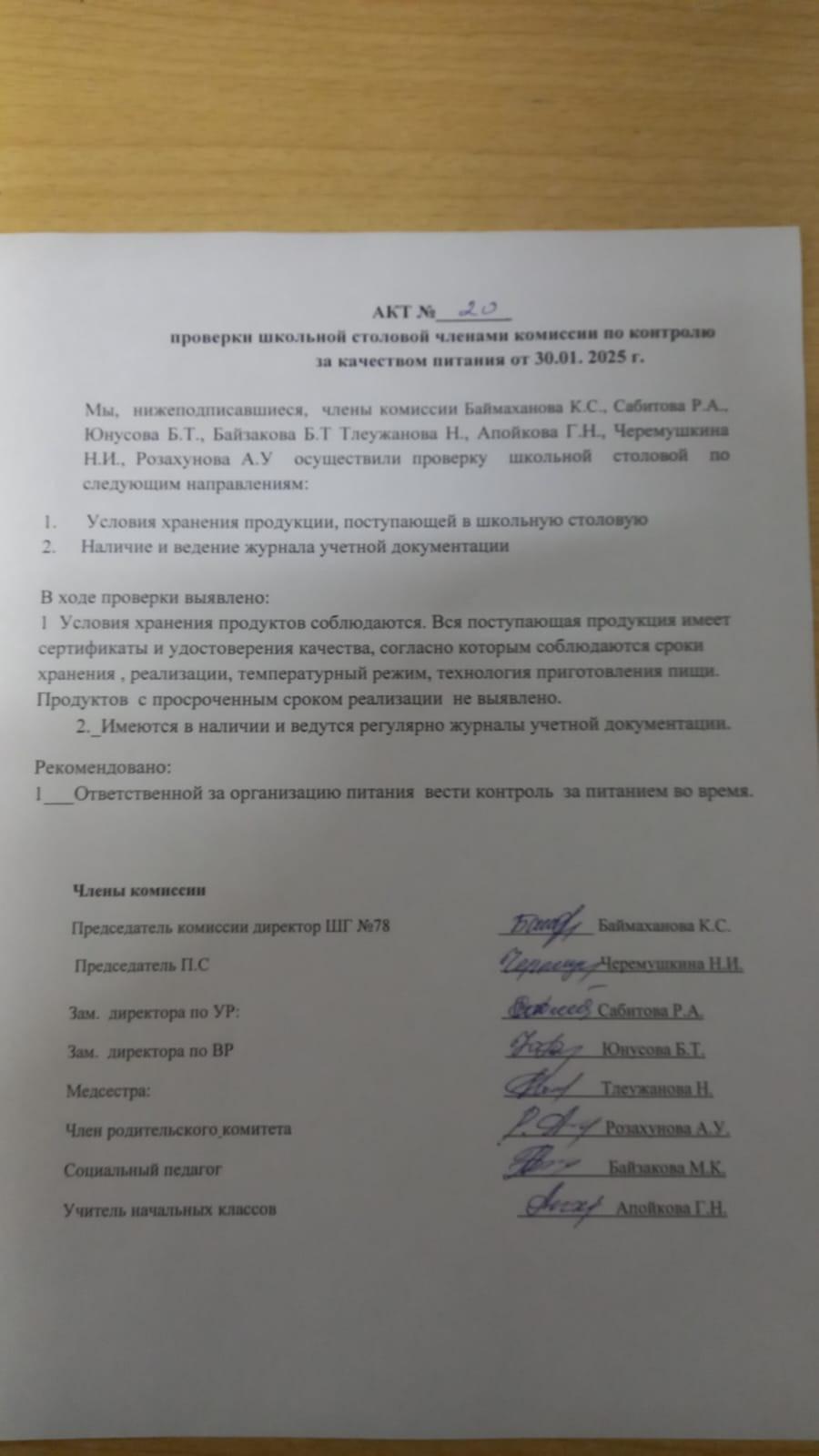 AKT № 20 проверки школьной столовой членами комиссии по контролю за качеством питания от 30.01. 2025 г.