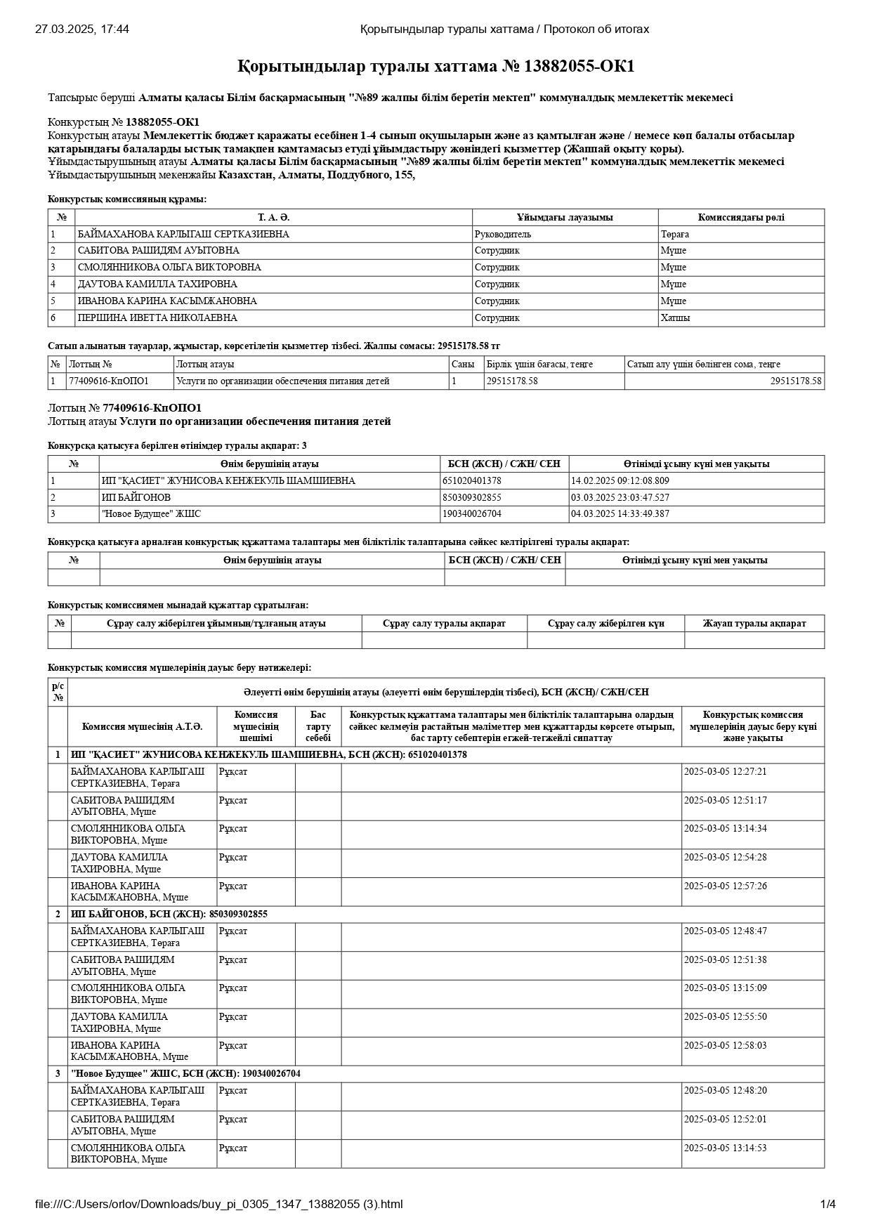 Протокол итогов по конкурсу организации питания на 2025г. 2025 жылға арналған тамақтандыруды ұйымдастыру конкурсы бойынша қорытындылар хаттамасы.