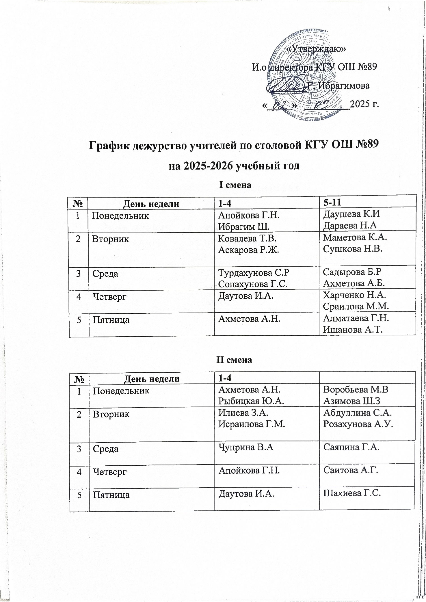 График дежурство учителей по столовой КГУ ОШ №89