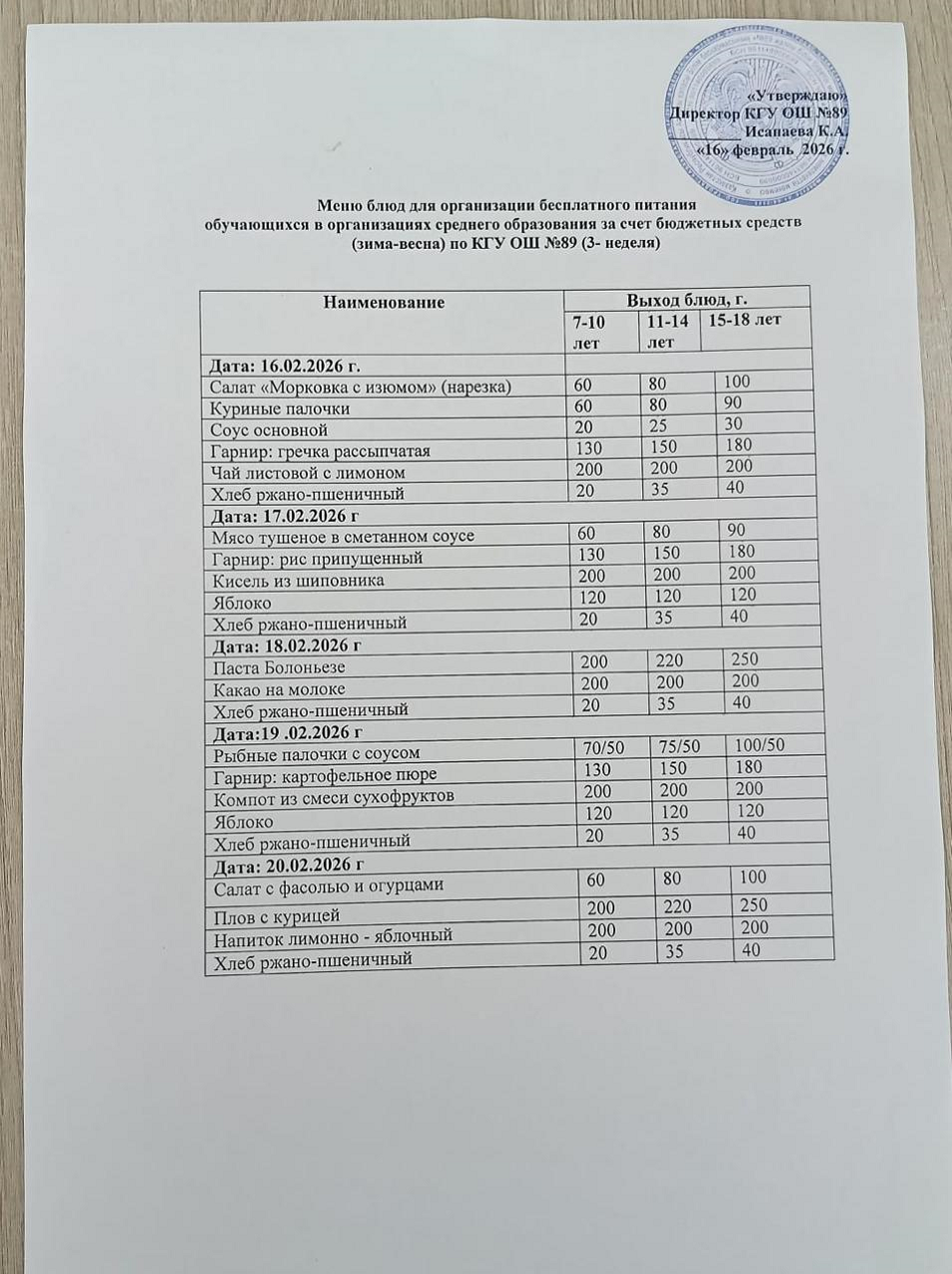 16/02/2026 Тегін тамақтануды ұйымдастыруға арналған ас мәзірі