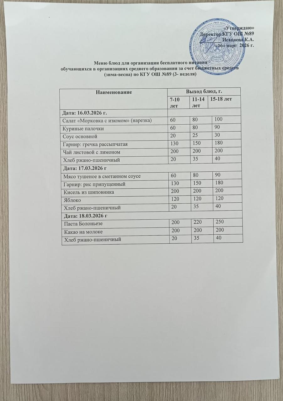16/03/2026 Тегін тамақтануды ұйымдастыруға арналған ас мәзірі